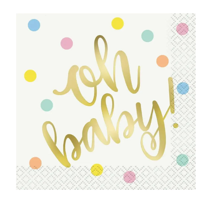 Gold Oh Baby! Baby Shower Party 16 Foil Stamped Beverage Napkins SERVIETTE 2ply Melbourne Supplies